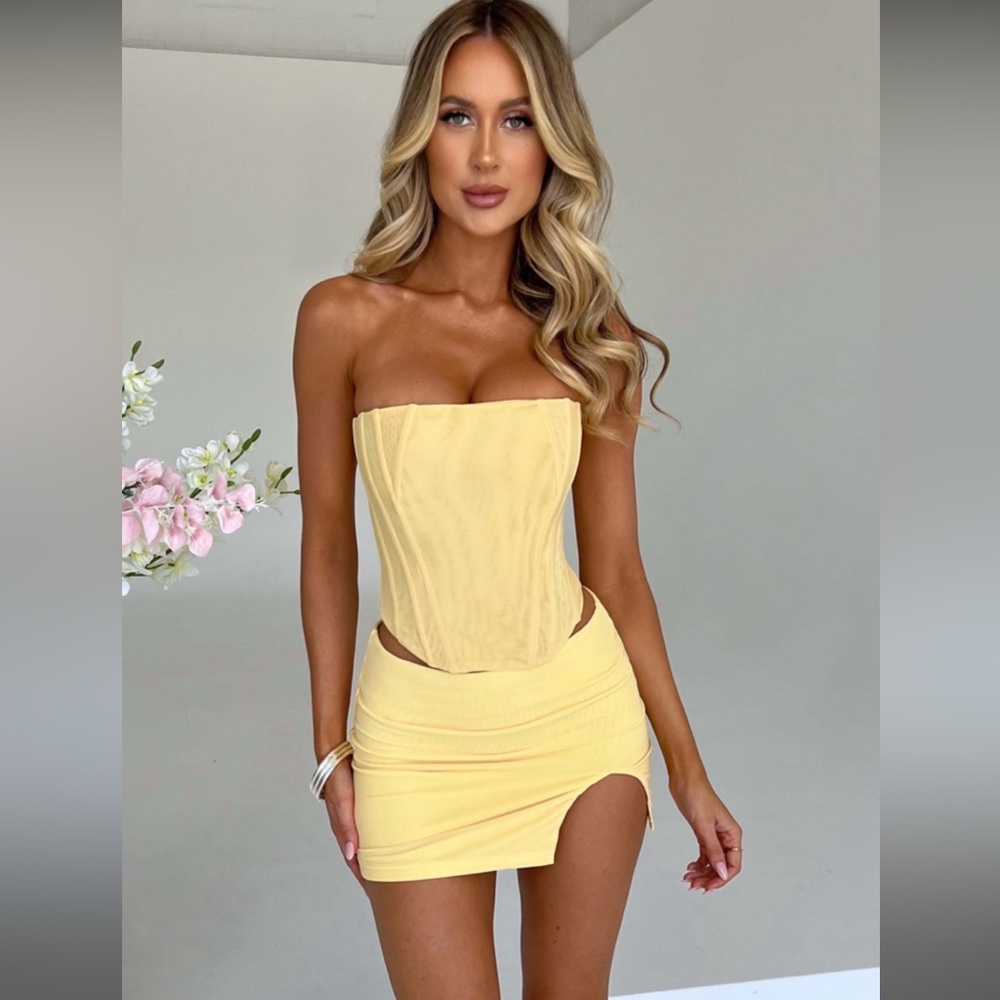 Yellow Corset Top And Mini Skirt Set